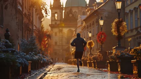 man running down a street in a european city in autumn