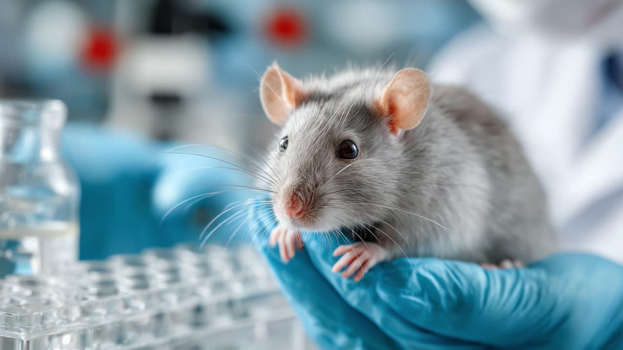 A Close-Up View of a Gray Laboratory Rat Being Held by a Researcher in a Scientific Setting, Showcasing the Intricacies of Animal Research in Lab Environments