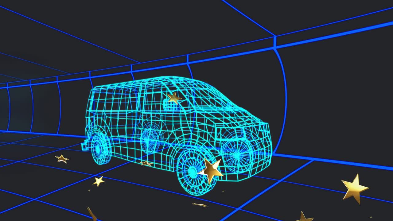 Particle emitter starting, sending gold stars rotating past wheels and framing cyan wireframe van