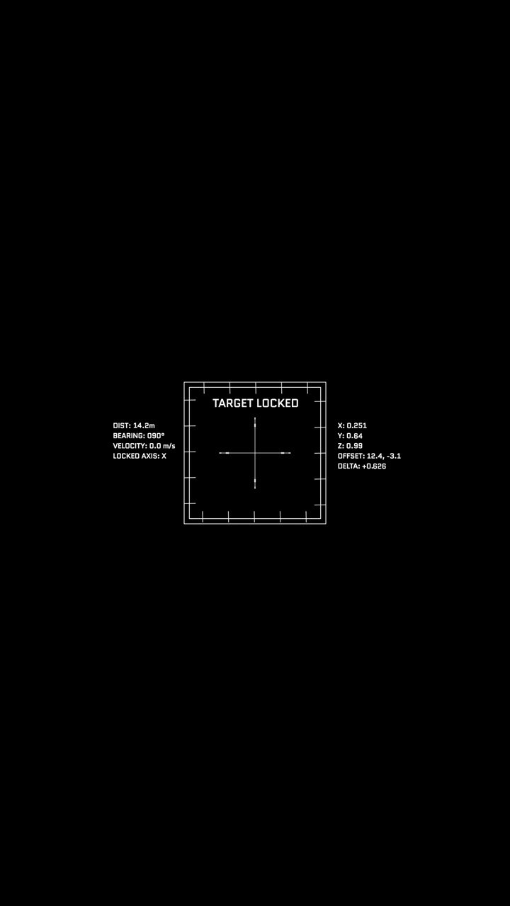 Vertical mobile AR interface depicting a military tracking HUD targeting system with target locked telemetry overlay.