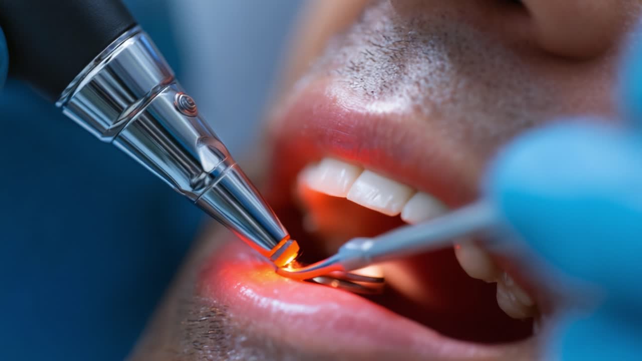 A Dentist Using Advanced Technology for Dental Treatment: Laser and Tools at Work in a Patient's Mouth, Highlighting Oral Care Innovations and Patient Comfort