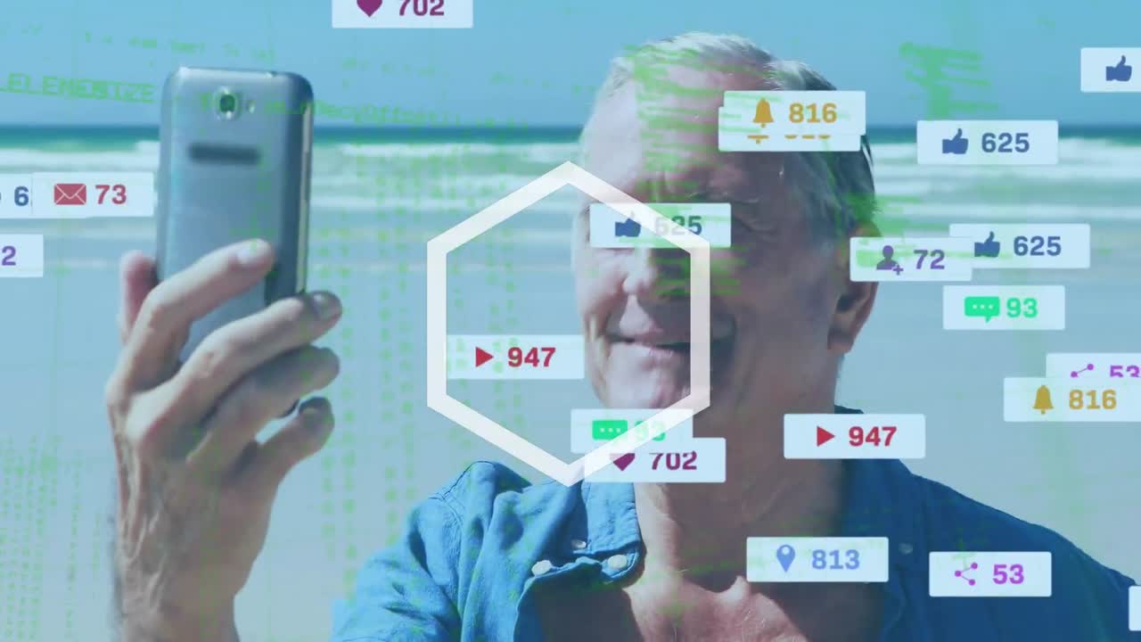 animación de escaneo de alcance y burbujas de habla en las redes sociales sobre un hombre que se toma una selfie con un teléfono inteligente