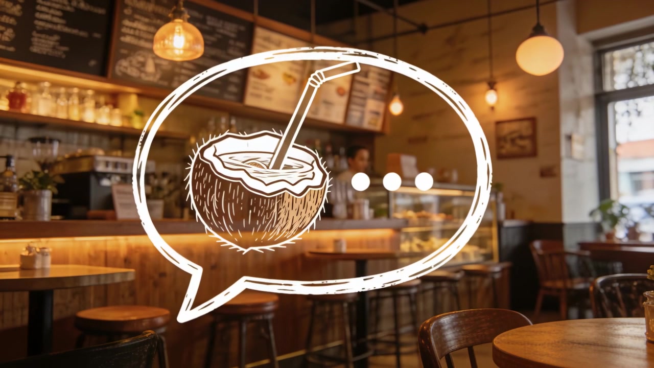 Schleifende, animierte Kokosnuss in Sprechblasenform öffnet sich und fährt einen Strohhalm in einem Café aus, um das Menü zu bewerben.