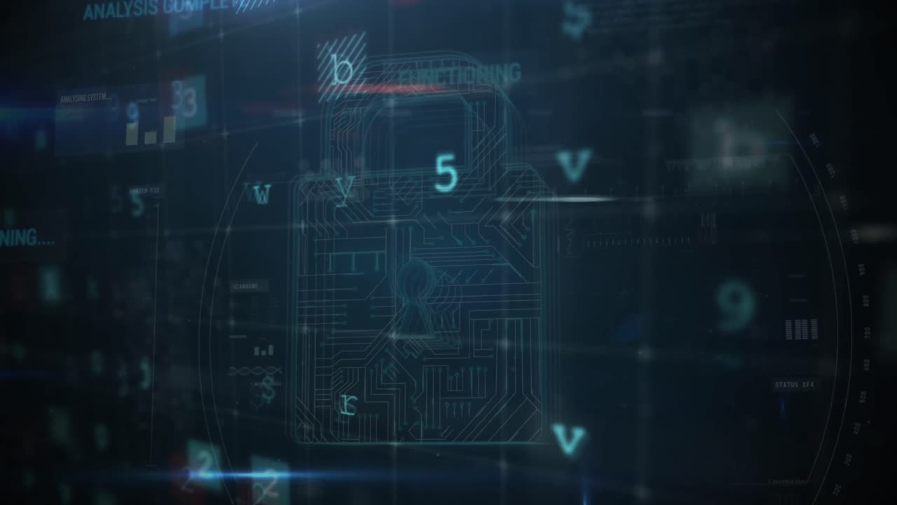 Animation of security padlock over data processing on dark background