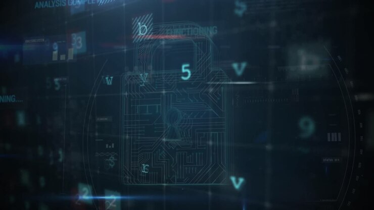 Animation of security padlock over data processing on dark background
