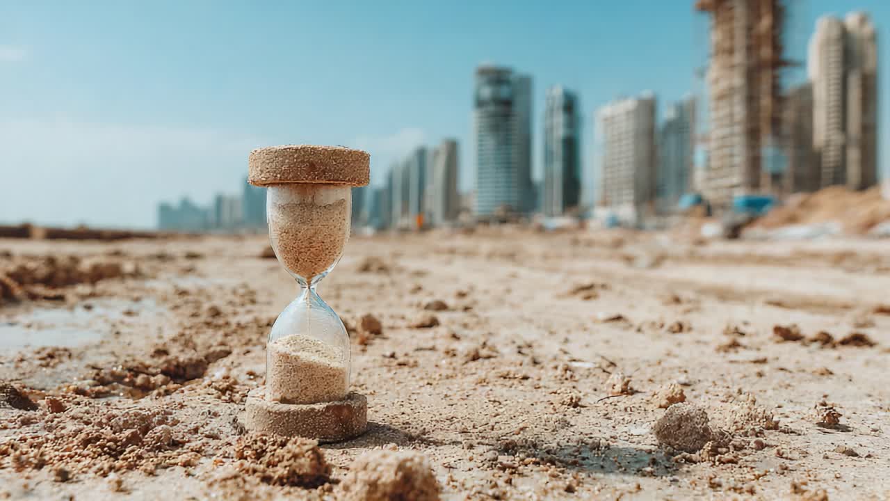 Uma ampulheta permanece resiliente em um canteiro de obras arenoso, simbolizando a passagem implacável do tempo em um cenário de desenvolvimento urbano e mudança.