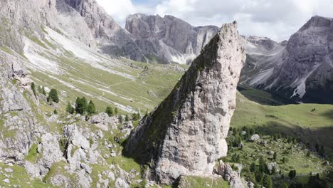 Twin-Peaks-of-Pieralongia-in-Italian-Dolomites,-mountain-landscape-aerial