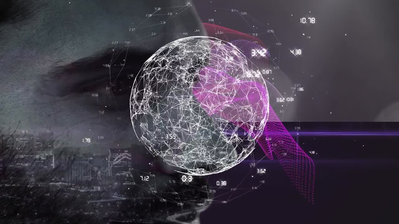 globo de red de conexiones girando y onda digital rosa contra el primer plano de un hombre