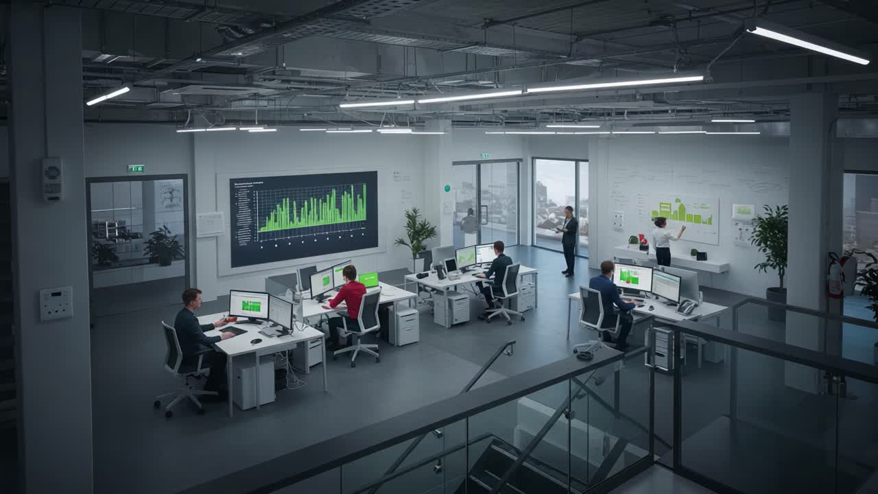 Modern Office Setting Showcasing Collaborative Work Environment with Data Analytics on Screens and Engaged Employees in a Technology-Driven Space