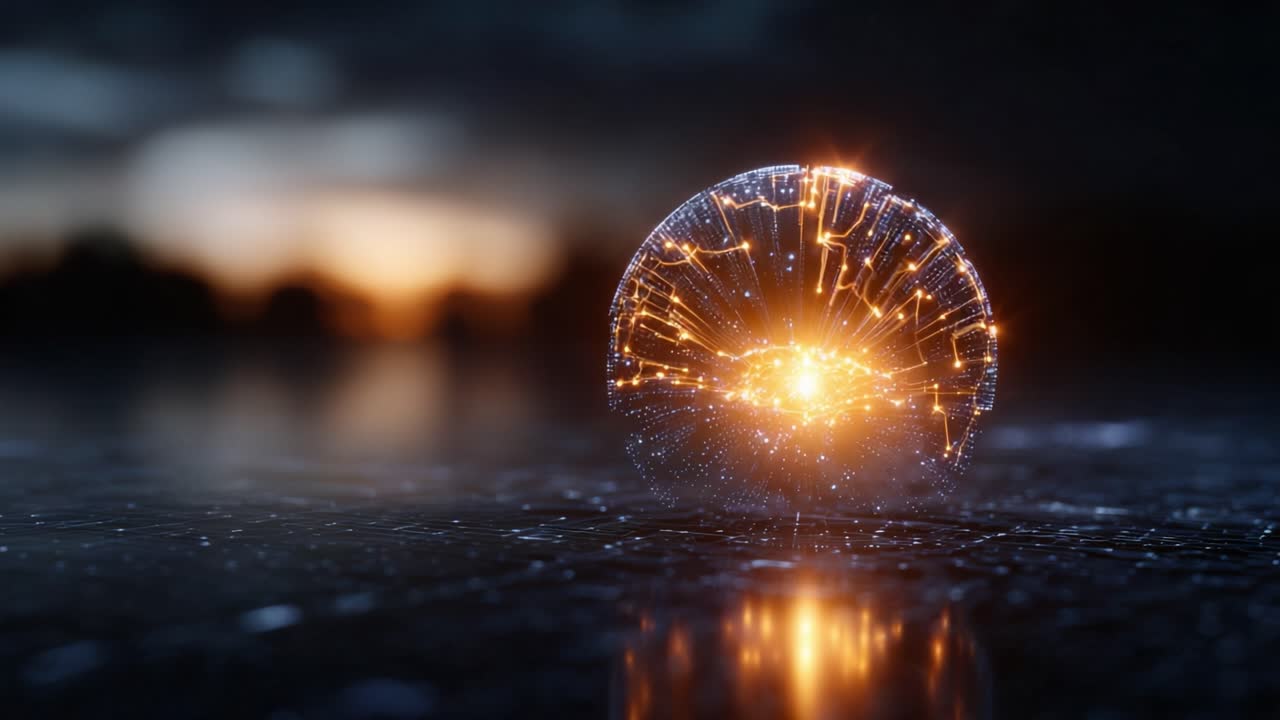 A Stunning Glowing Sphere Radiating Energy with Intricate Patterns Against a Beautiful Sunset Background Reflecting on a Smooth Surface