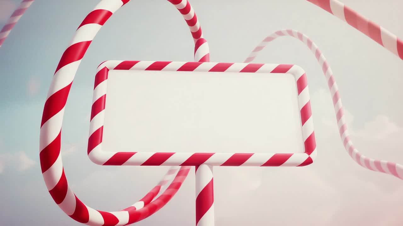 Ribbon entering from left sweeping around candy-cane signpost looping into S-shape in pastel sky