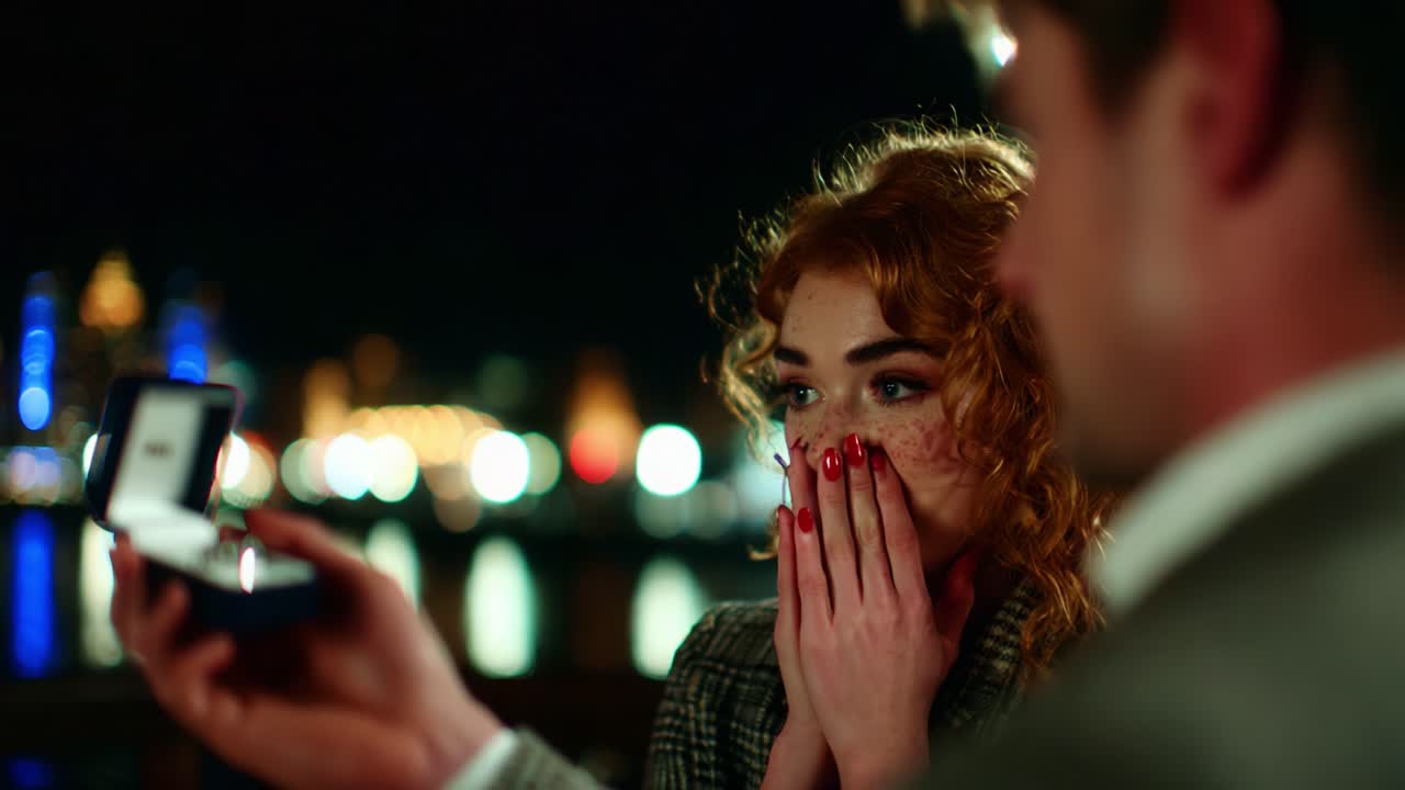 An Emotional Surprise Proposal: Capturing the Moment of Joy and Shock as the Proposal Ring is Revealed by a Loved One Under City Lights at Night