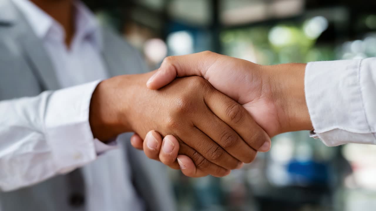 A Professional Handshake Signifying Agreement and Collaboration Between Two Individuals in a Corporate Environment, Emphasizing Trust, Partnership, and Mutual Understanding in Business Interactions