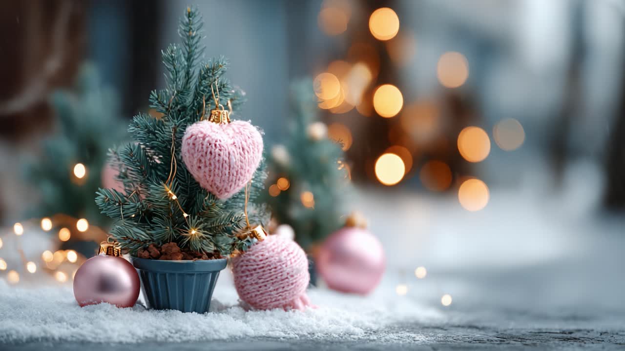 A Festively Adorned Miniature Christmas Tree with Pink Decorations and Twinkling Lights Creates a Cozy Holiday Atmosphere in a Snowy Setting