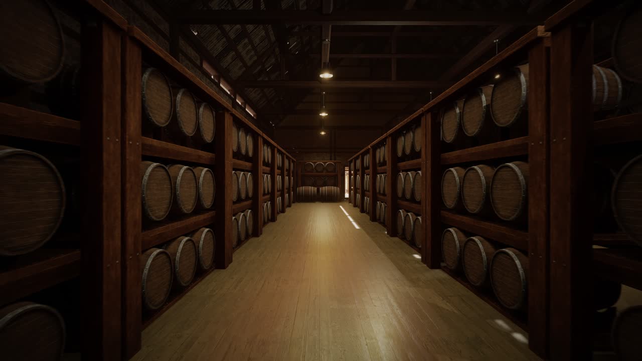 almacenamiento de barriles de vino en la bóveda de vinos. barriles de coñac, vino o whisky. barrilles de vino de roble de madera. almacén de alcohol