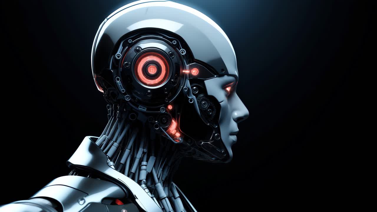 Testa di robot futuristica di profilo, che mostra intricati dettagli meccanici