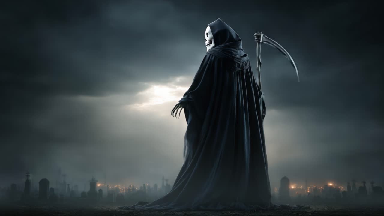 Dark Shadow of Mortality: The Grim Reaper Stands Tall in a Haunting Cemetery Under Ominous Clouds, Symbolizing the Unavoidable Nature of Death and the Afterlife