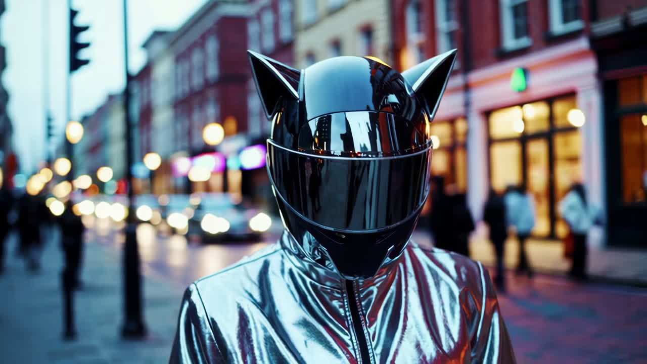 Person in Futuristic Cat Ear Helmet and Silver Jacket