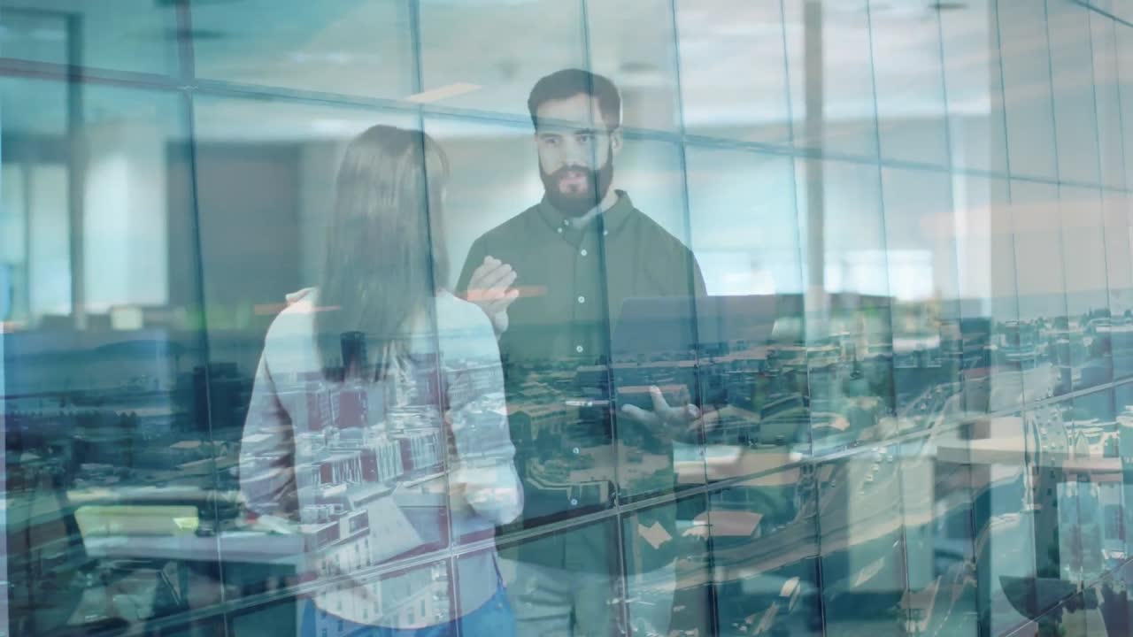 animación del paisaje urbano sobre la gente de negocios en la oficina