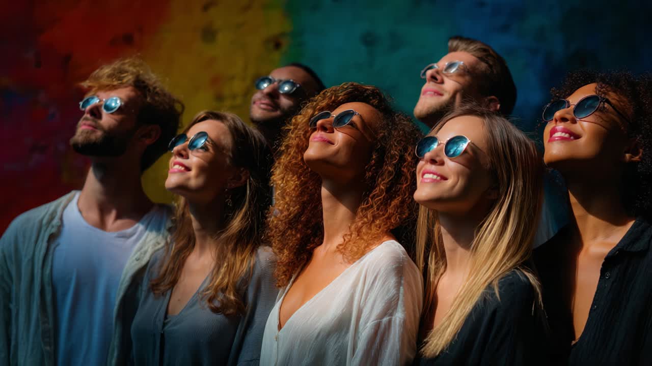 Gruppo di persone diverse che indossano occhiali da sole e guardano in alto