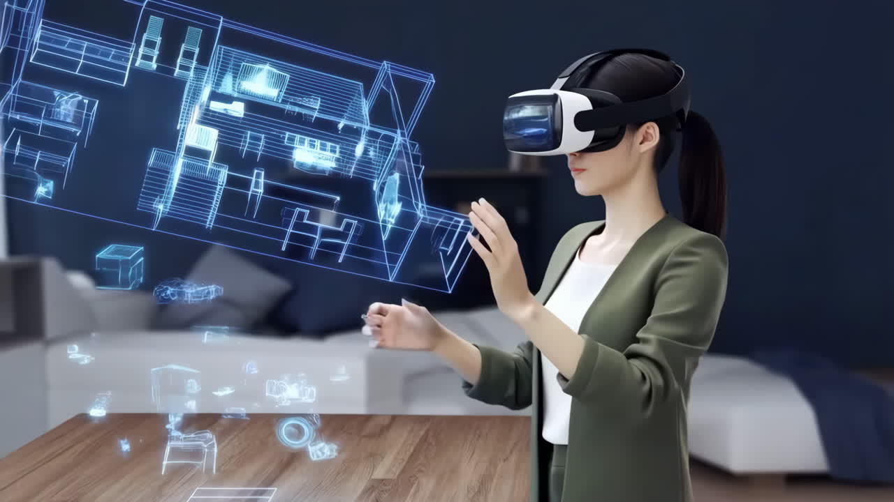 Woman Using VR Headset for Architectural Design and Visualization