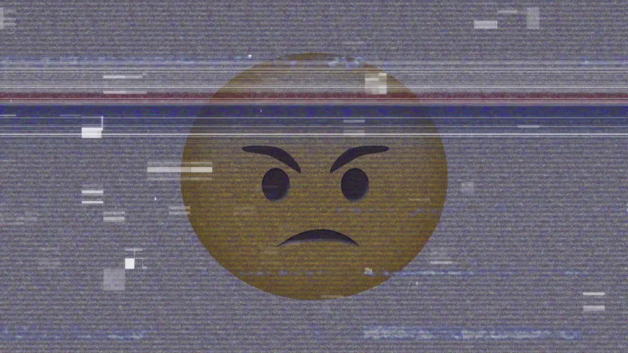 화난 이모지 아이콘의 애니메이션이 화면의 소음 위에 있습니다.