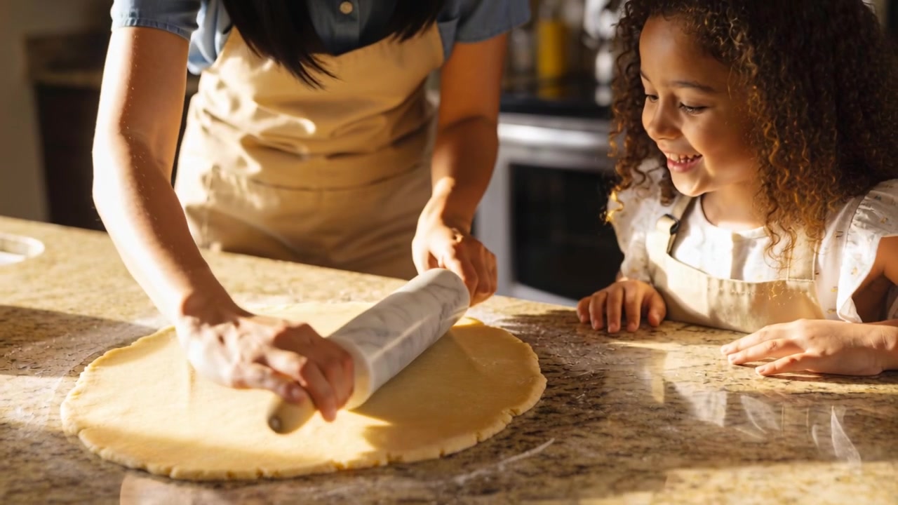 Mor og datter i forkle plasserer deig, der moren kjevler med en marmorkjevle på en granittbenk for å bake.