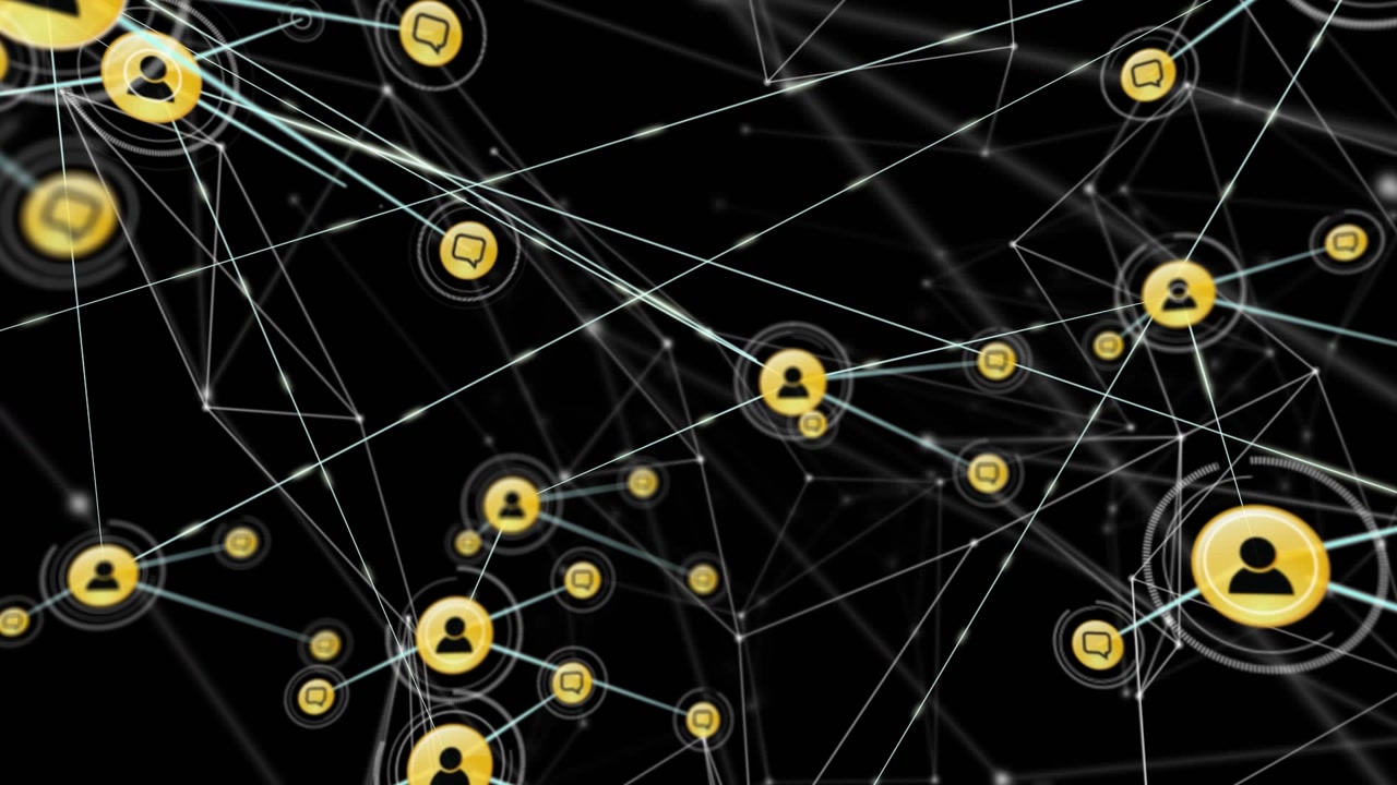 Animation of icons interconnected with lines against black background