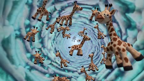 whimsical giraffe figurines float within a dreamy abstract vortex, surrounded by swirling pastel colors, crafting a surreal and imaginative scene full of wonder and curiosity