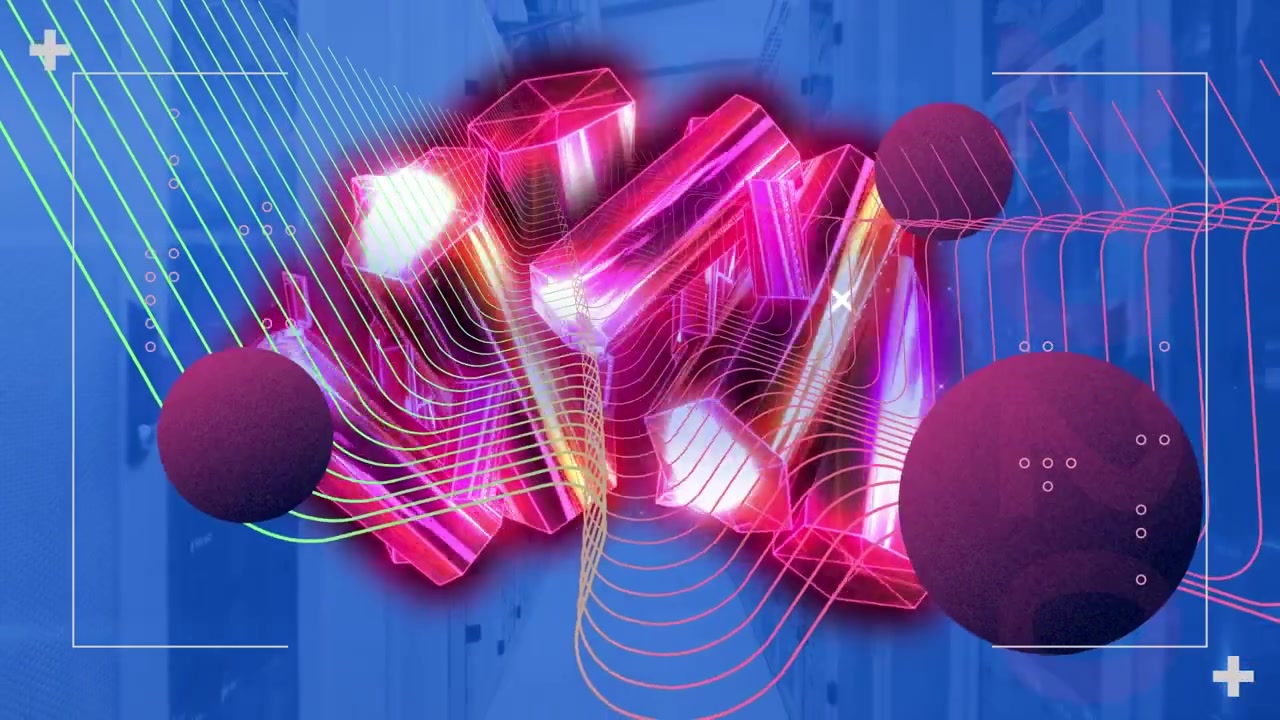 Animation af lilla kugler, digital bølge og lyserøde krystalformer mod computer serverrum.