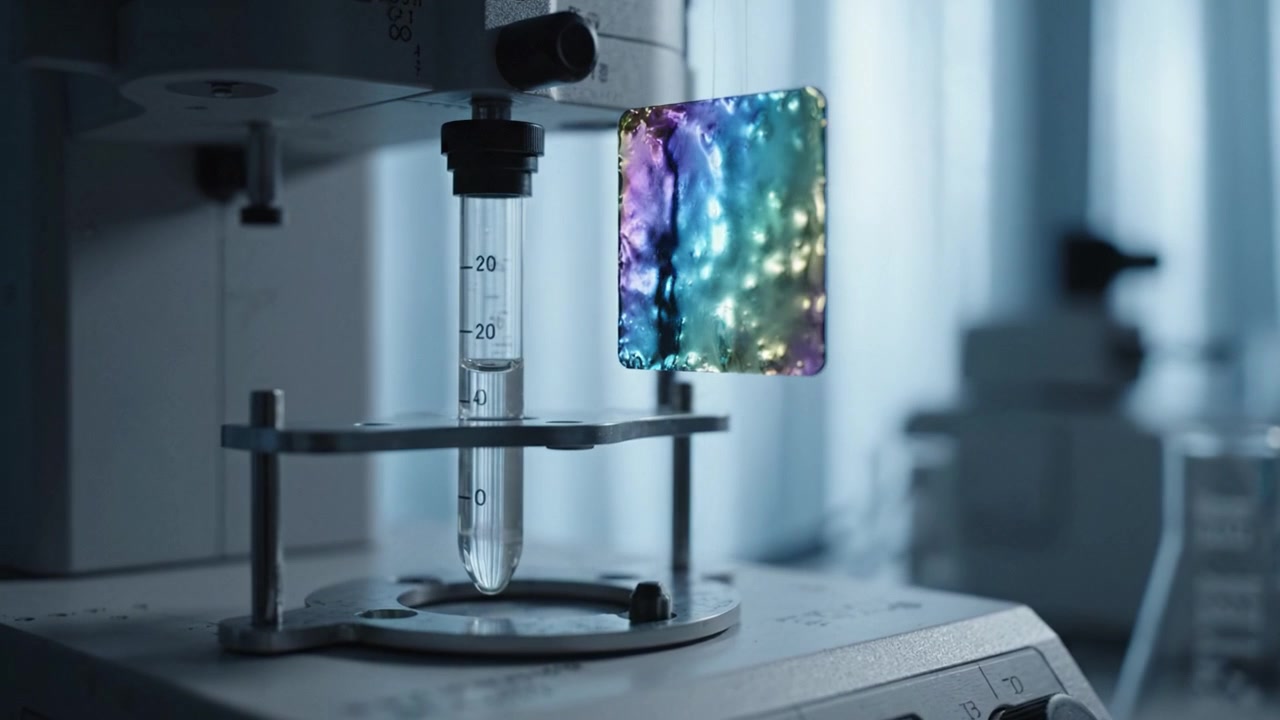 Advanced Laboratory Setup Featuring Colorful Liquid in a Test Tube and Decorative Slide, Capturing the Essence of Scientific Exploration and Discovery