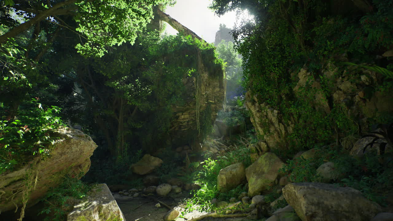 Exploring a lush ancient wilderness with towering trees and sunlight