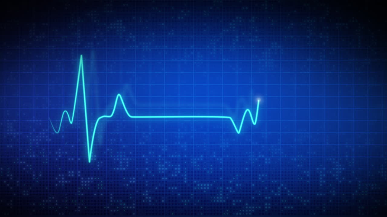 Animation electrocardiogram heartbeat. Display on monitor pulse line. Medical screen with animated looped blue background with grid.