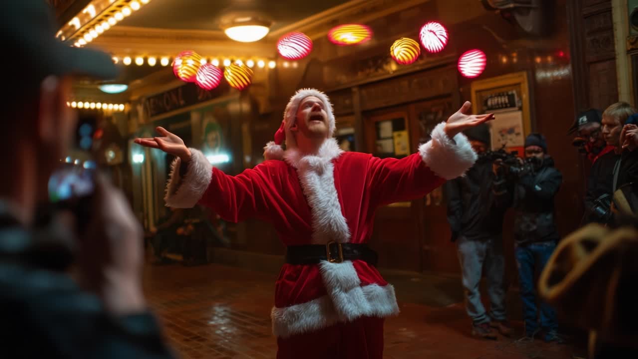 A Dazzling Christmas Performance: A Jolly Santa Claus Enthralls an Audience with Impressive Juggling Skills While Festive Ornaments Illuminate the Scene with Holiday Cheer and Laughter in a Winter Wonderland