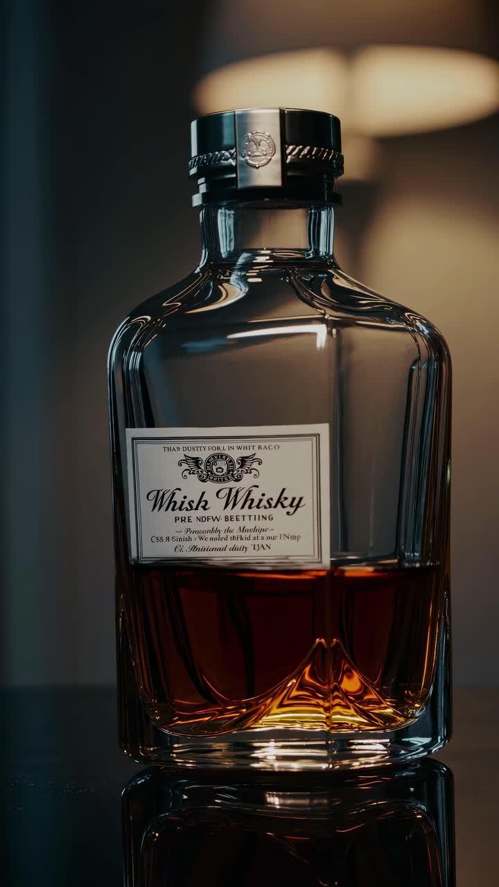 Elegante bottiglia di whisky su una superficie riflettente, catturata da un angolo basso