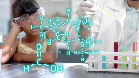 chemical formula and molecular structure over scientists working in laboratory