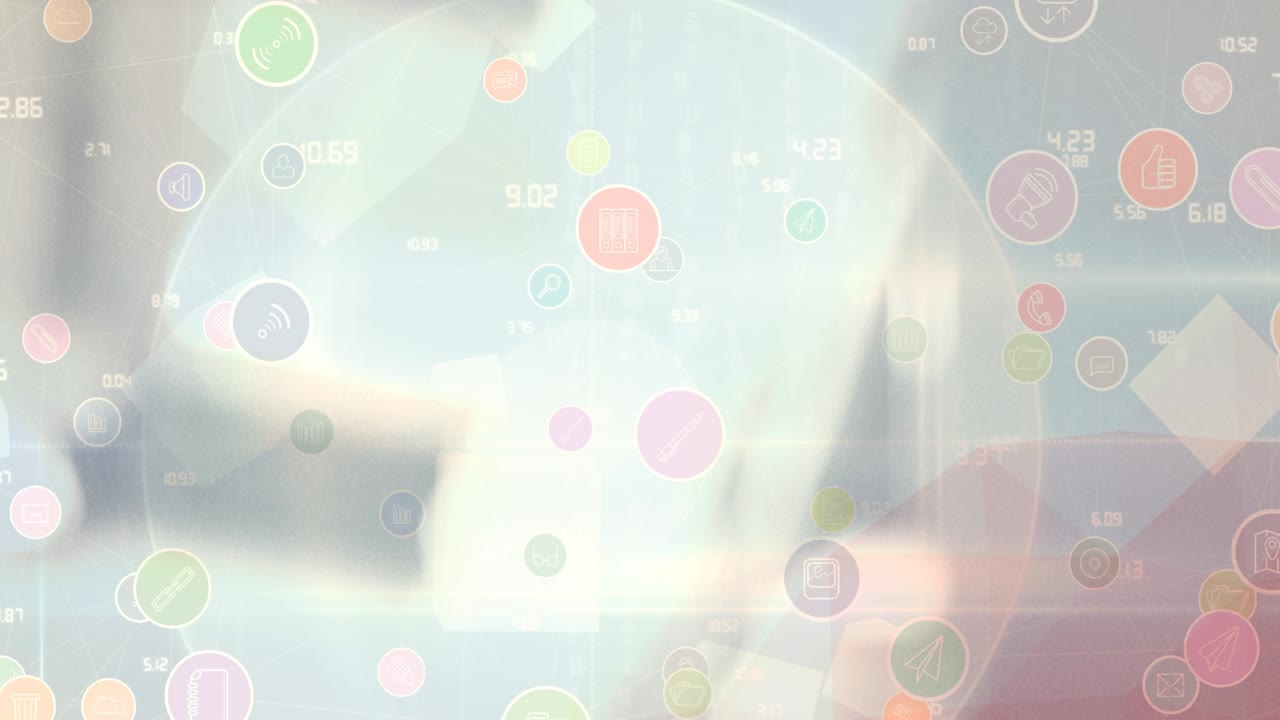 흐릿한 배경 위에 디지털 아이콘이 있는 지구의 애니메이션