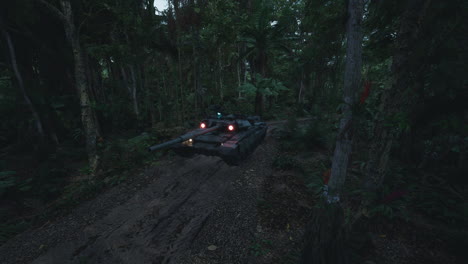 military tank navigating through dense jungle terrain in low light conditions