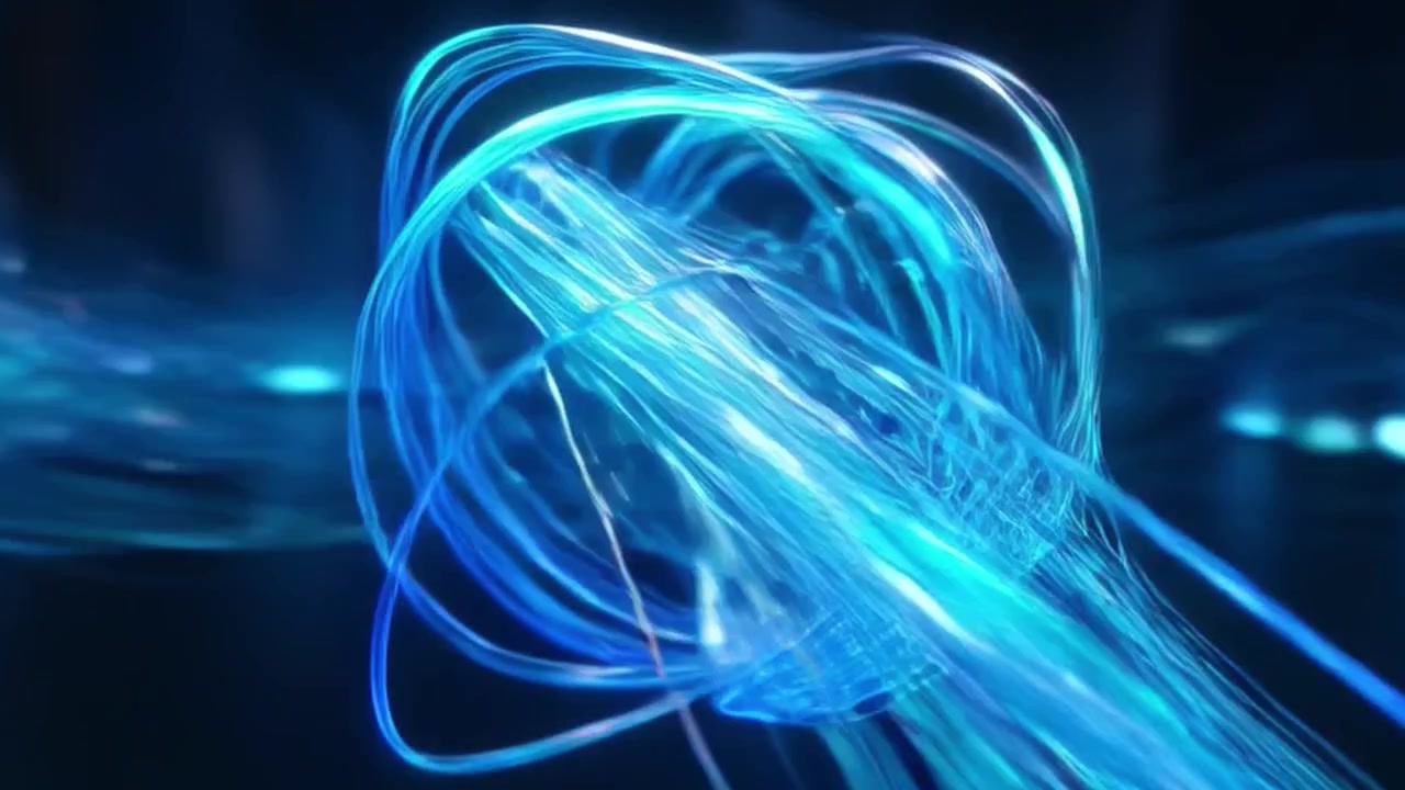 Abstract Animation of Glowing Blue Light Trails Forming a Sphere