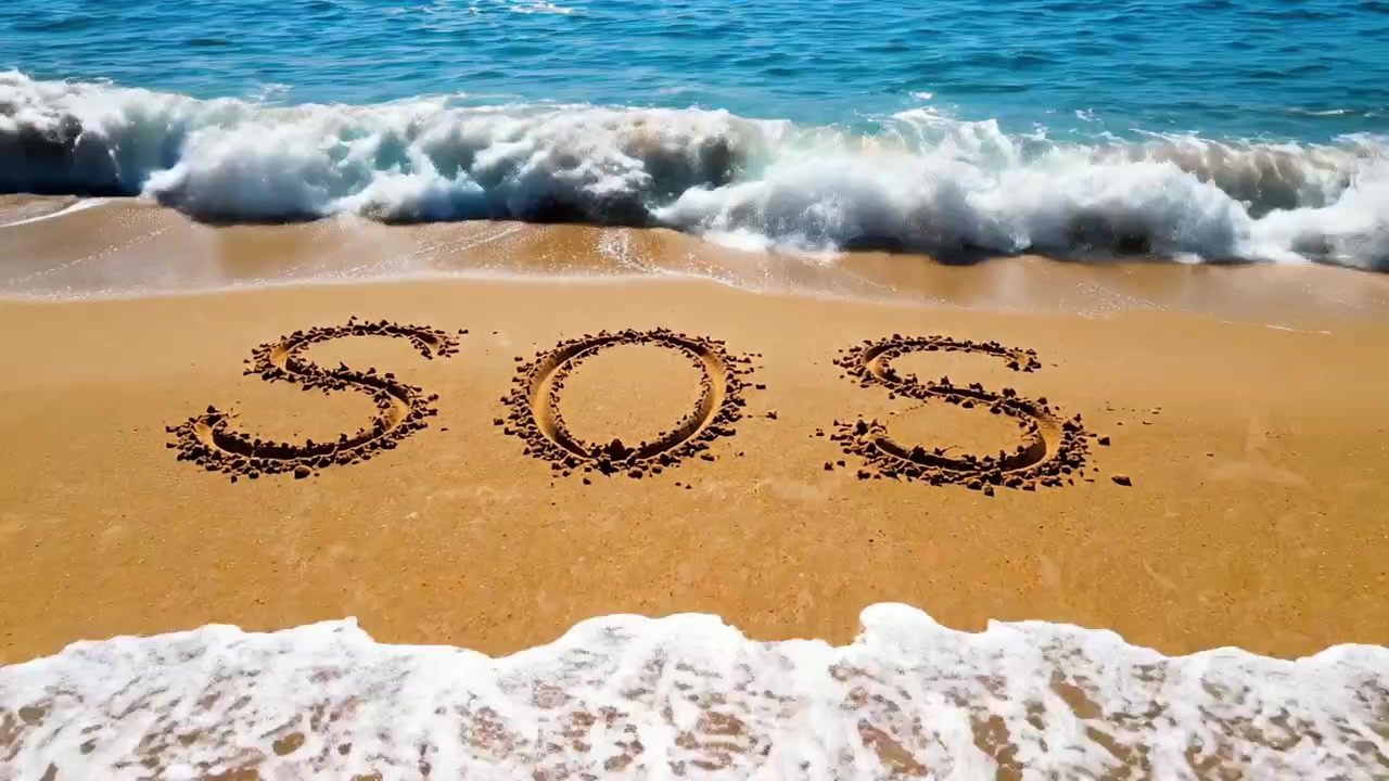 Una richiesta disperata di aiuto: il messaggio 'SOS' scritto sulla sabbia, sommerso dalle onde su una serena scena di spiaggia, che enfatizza l'urgenza nell'abbraccio della natura.