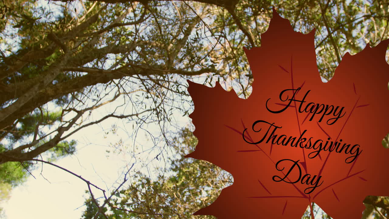 Animation de texte Joyeux Jour de Thanksgiving sur une feuille d'automne rouge dans un parc