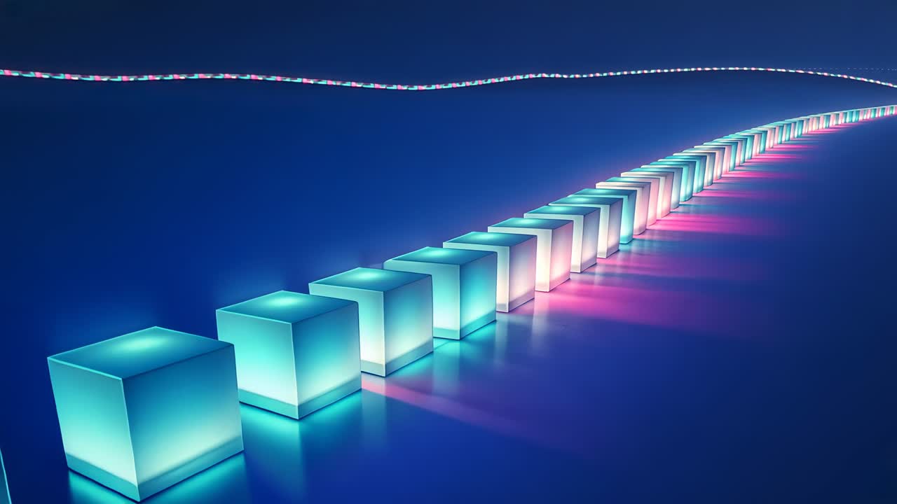 Drifting overhead colorful light string passing above cubes, activating glowing row on studio floor
