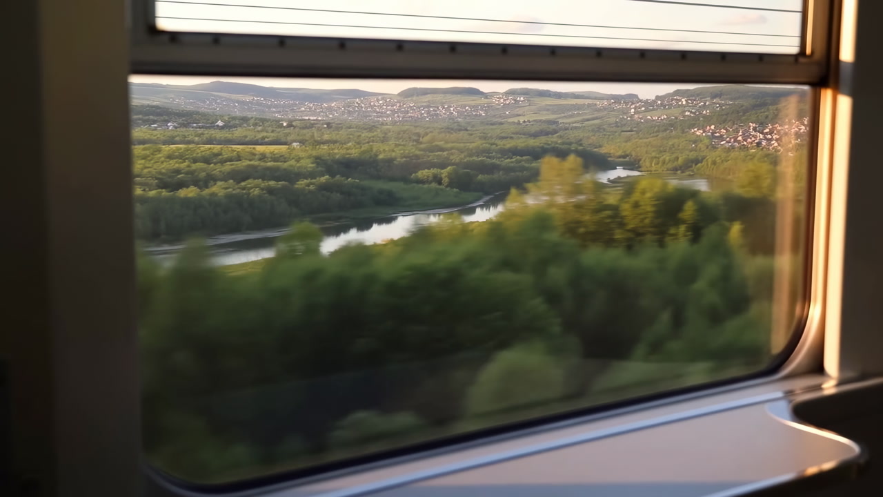 Riverside Landscape Viewed From Train Window, Winding River Cutting Through Dense Green Forest Under Warm