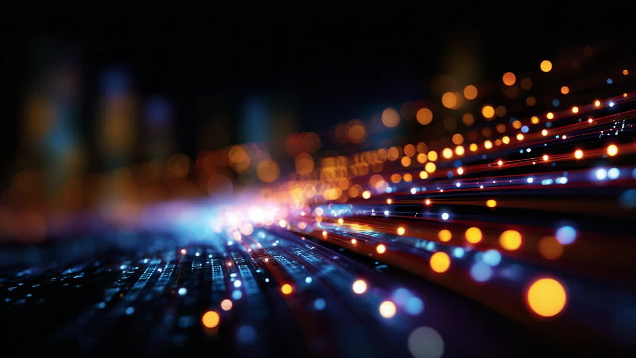 Abstract representation of digital connections, showcasing vibrant lights and flowing data patterns creating a sense of movement and energy in a futuristic, technologically advanced environment