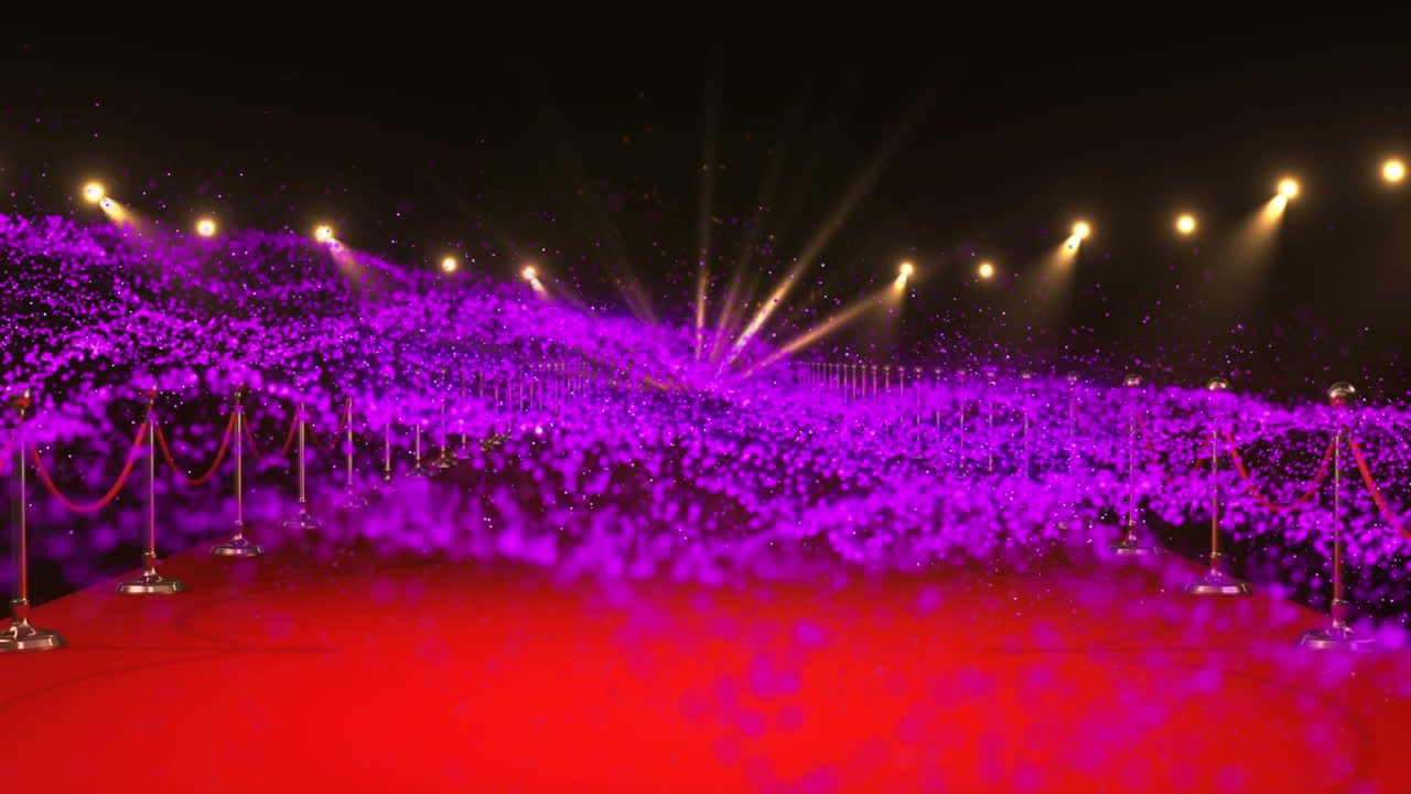 animación de partículas púrpuras que se mueven sobre la alfombra roja del lugar con reflectores