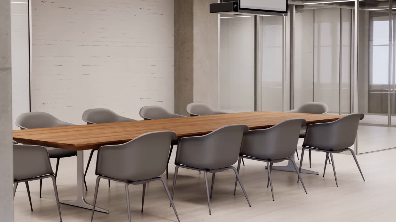 Sala de conferencias moderna vacía con mesa y sillas de madera