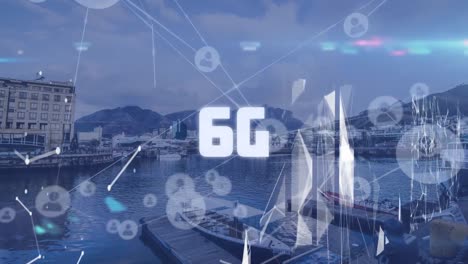 animación de texto 6g y conexiones con procesamiento de datos.