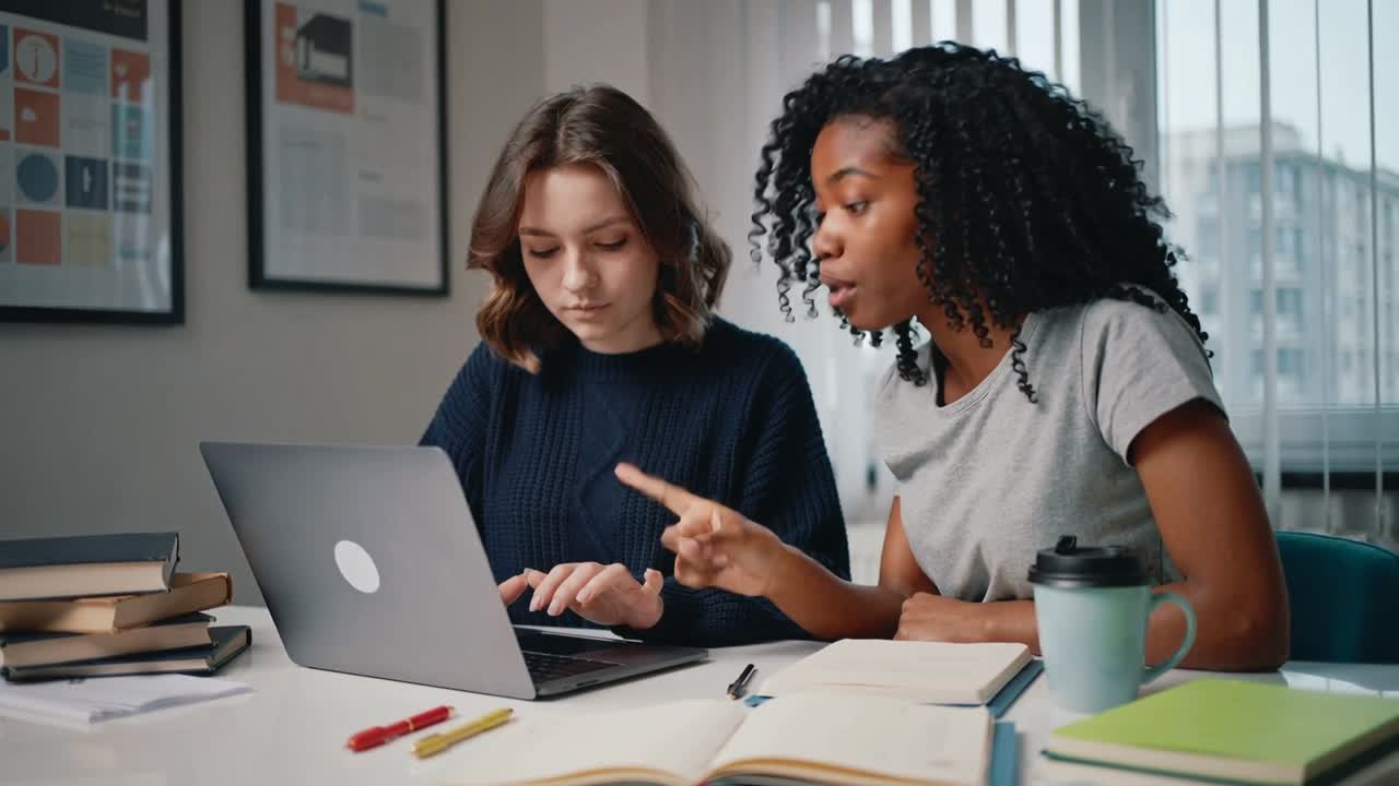 Typing student in sweater following peer in gray top pointing at laptop at table for study