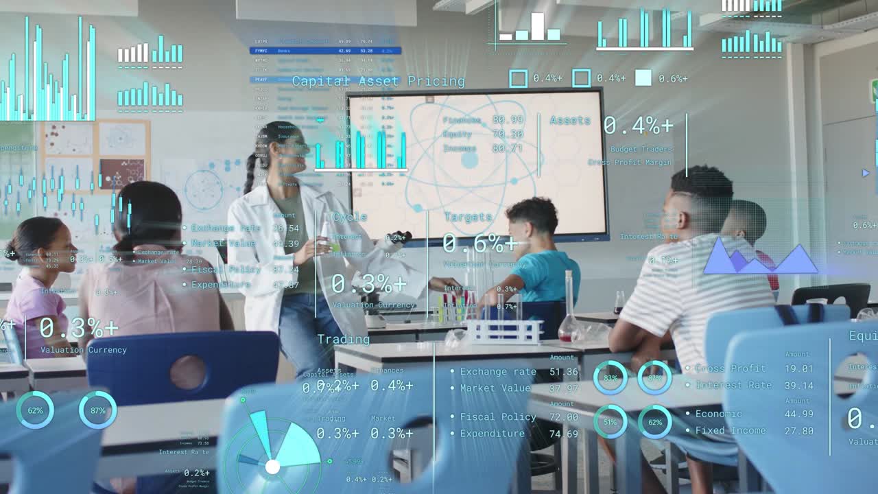 Teacher holding green model showing science concept, animated charts and atom HUD guiding class