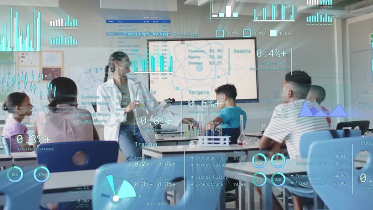 Teacher holding green model showing science concept, animated charts and atom HUD guiding class